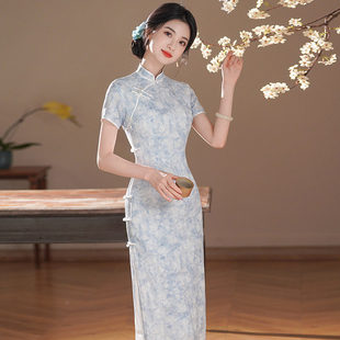 长款 夏季 旗袍改良年轻款 女高级感复古短袖 2026新款 蓝色国风新中式