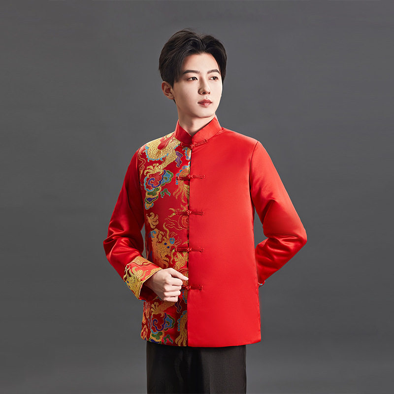 中式酒店工作服复古男装新郎结婚敬酒礼服长袖年会祝寿立领唐装
