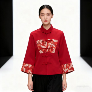 新款唐装女上衣中式潮流大码显瘦汉服时尚春秋中国风盘扣拼接外套