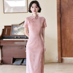 长款 夏季 改良旗袍2026新款 女高级感复古短袖 年轻款 粉色国风新中式