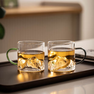 玻璃杯家用观山杯千里江山杯带把手青绿水杯高硼硅耐热水杯 日式