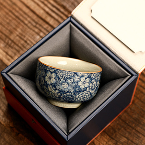 古汝青花茶杯家用陶瓷单杯开 片个人专用品茗杯办公精致茶盏主人
