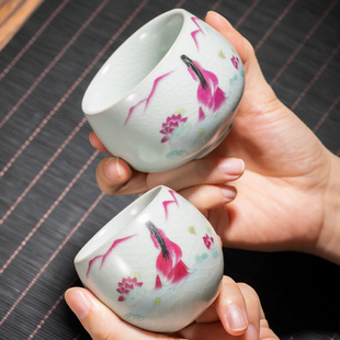 瓷牌茗汝窑主人杯四大美人哥窑个人开片可养陶瓷品茗杯4个礼盒装