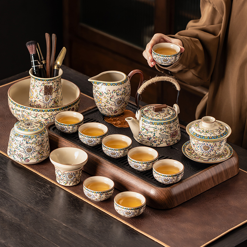 汝窑珐琅彩功夫茶具套装高档中式家用陶瓷盖碗茶杯茶盘整套泡茶器