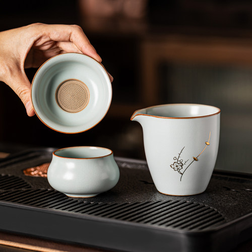 瓷牌茗天青汝窑锔钉公杯茶漏组合