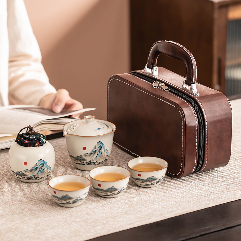 汝窑旅行茶具套装便携式户外露营陶瓷快客杯一壶三杯功夫泡茶器具