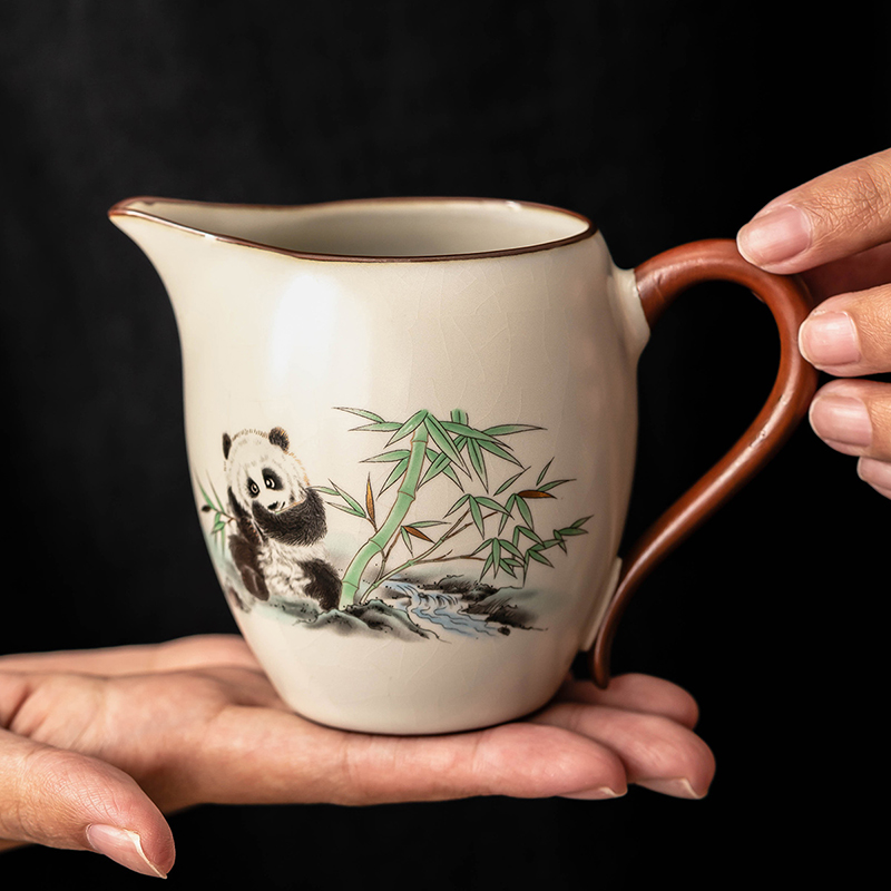 瓷牌茗汝窑熊猫中式公道杯