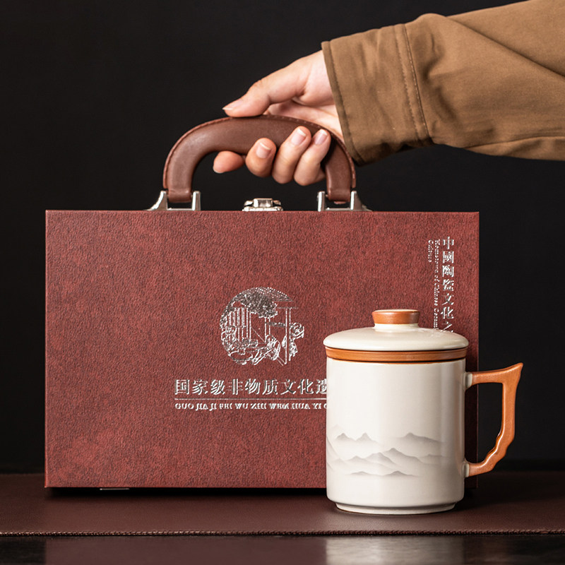茶水分离汝窑茶杯带盖陶瓷马克杯办公喝水杯大容量个人专用泡茶杯