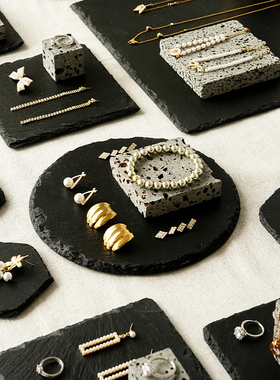 首饰展示架黑色板岩耳环戒指收纳托盘灰洞石饰品陈列拍照摆件道具