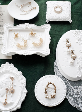 首饰展示架白色石膏玫瑰长方形托盘耳环戒指珠宝饰品陈列收纳道具