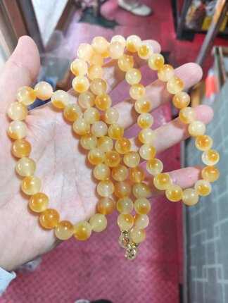 俏色聚宝盆黄玉手链女款单圈玉石珠子手串项链套装送女友闺蜜礼物