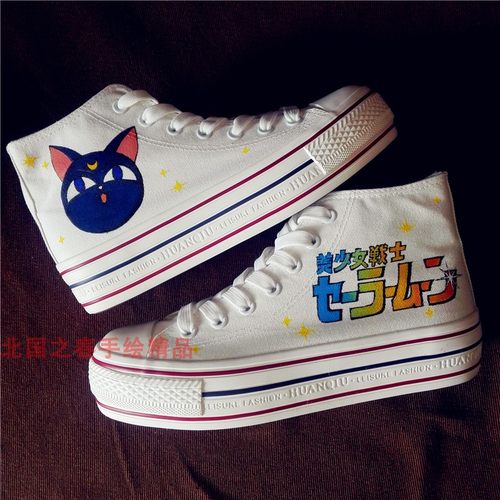手绘帆布鞋定制女美少女战士卡通图片高帮松糕底内增高学生涂鸦鞋