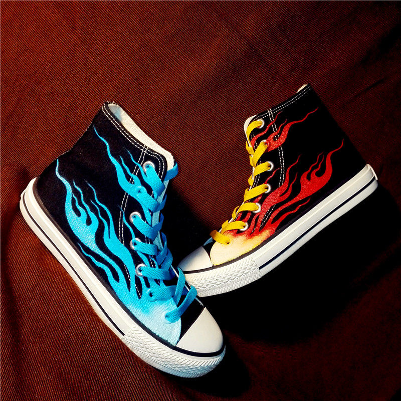 正品回力手绘帆布鞋男女高帮涂鸦diy火焰情侣百搭低帮学生休闲鞋