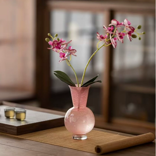 玻璃花瓶复古禅意粉色净瓶水培杨柳枝花器古典中式插花器