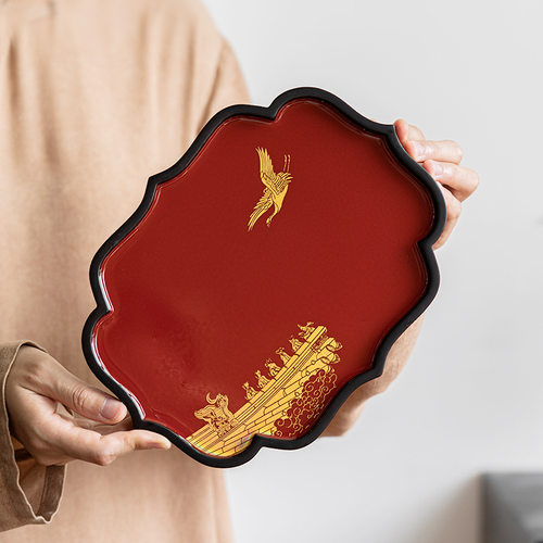 国潮风干泡台红喜庆仿大漆壶承茶奉竹制托盘小茶盘茶海中式敬茶盘