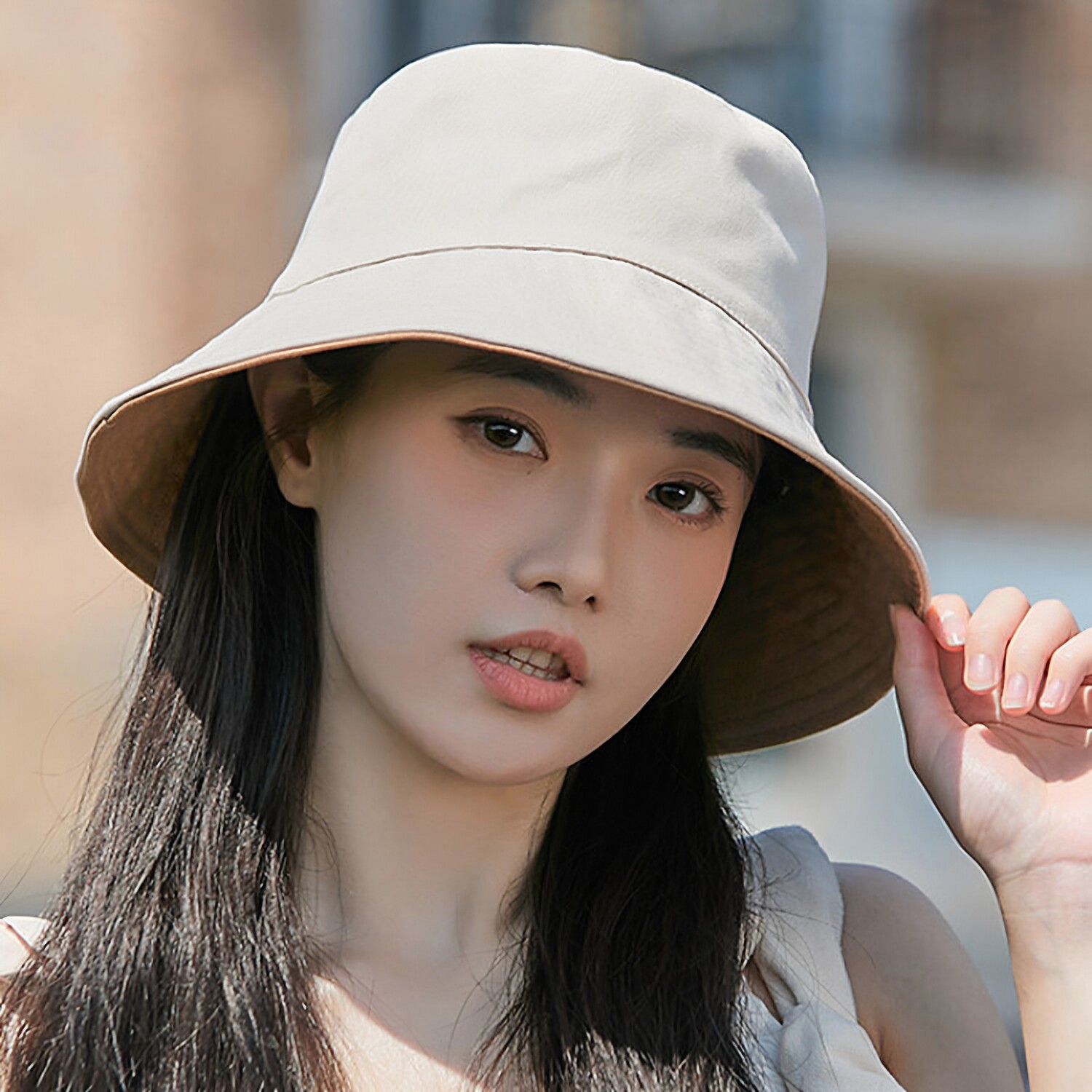 棉撞色显脸小防晒帽遮阳水桶帽子