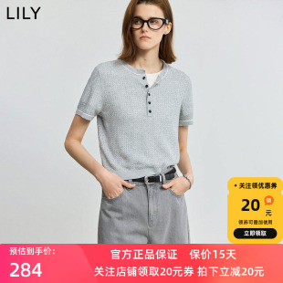 LILY2025夏新款女装学院风休闲短款小上衣轻薄灰色短袖针织衫