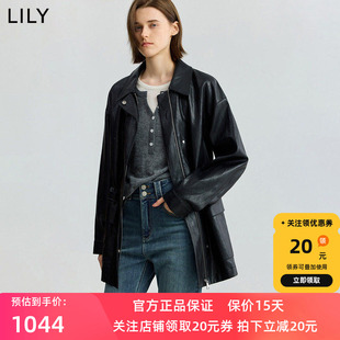 【商场同款】LILY2025秋新款女装复古帅气收腰黑色夹克外套中长款