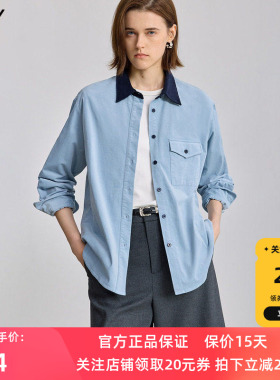 LILY2025冬新款女装工装撞色水洗灯芯绒翻领宽松休闲蓝色衬衫外套