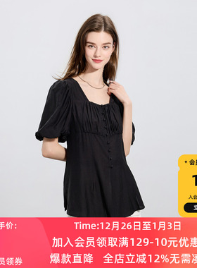 ibudu2025夏季新款复古方领灯笼袖衬衫纯色衬衣小衫上衣女