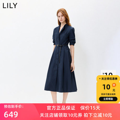 LILY2026秋新款复古翻领腰带收腰休闲通勤藏青色短袖连衣裙女长裙