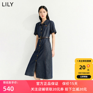 LILY2026夏新款女装含莱赛尔醋酸复古翻领收腰工装牛仔短袖连衣裙
