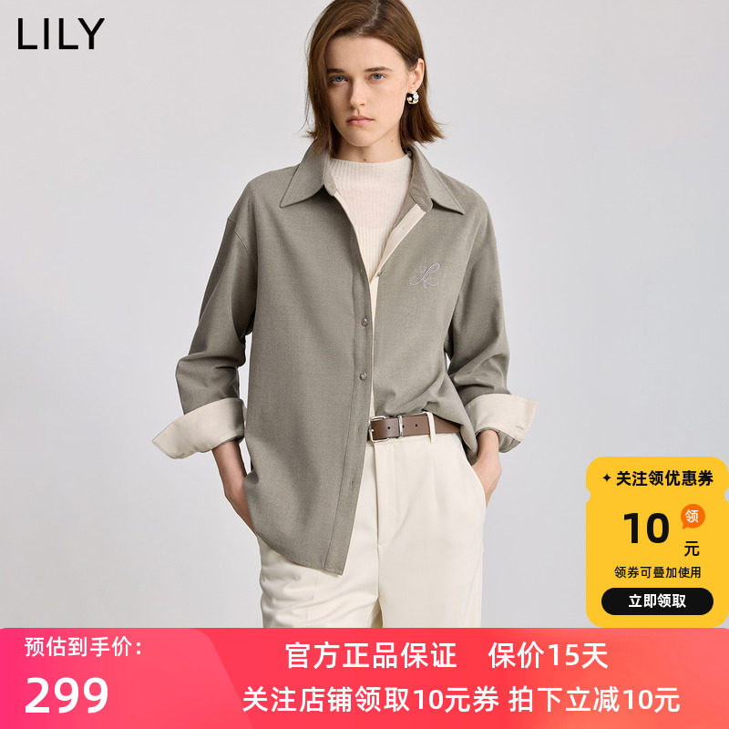 LILY2025冬新款女装双面磨毛法兰绒翻领宽松休闲通勤纯色衬衫外套图片