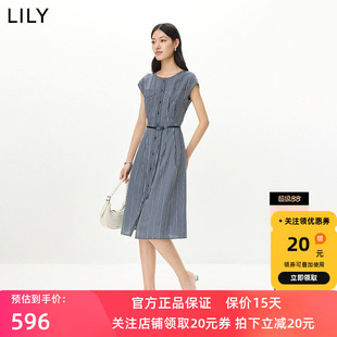 LILY2026夏新款松弛感竖条纹圆领连肩袖收腰休闲通勤连衣裙女长裙