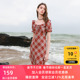 复古格纹雪纺连衣裙方领泡泡袖 ibudu2025夏季 新款 长裙女