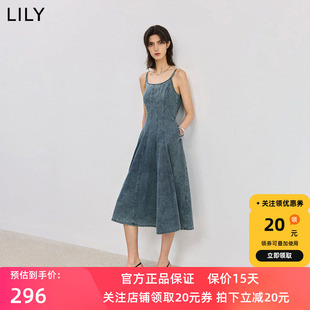 LILY2025夏新款女装复古宽松休闲收腰百搭可调节吊带裙牛仔连衣裙