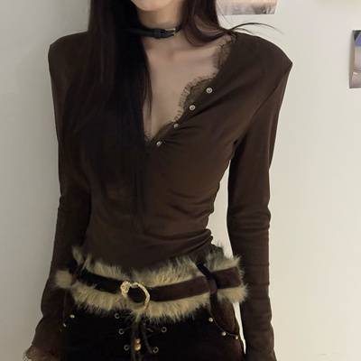 加薄绒抓毛打底！蕾丝性感长袖T恤御姐设计感保暖上衣百搭