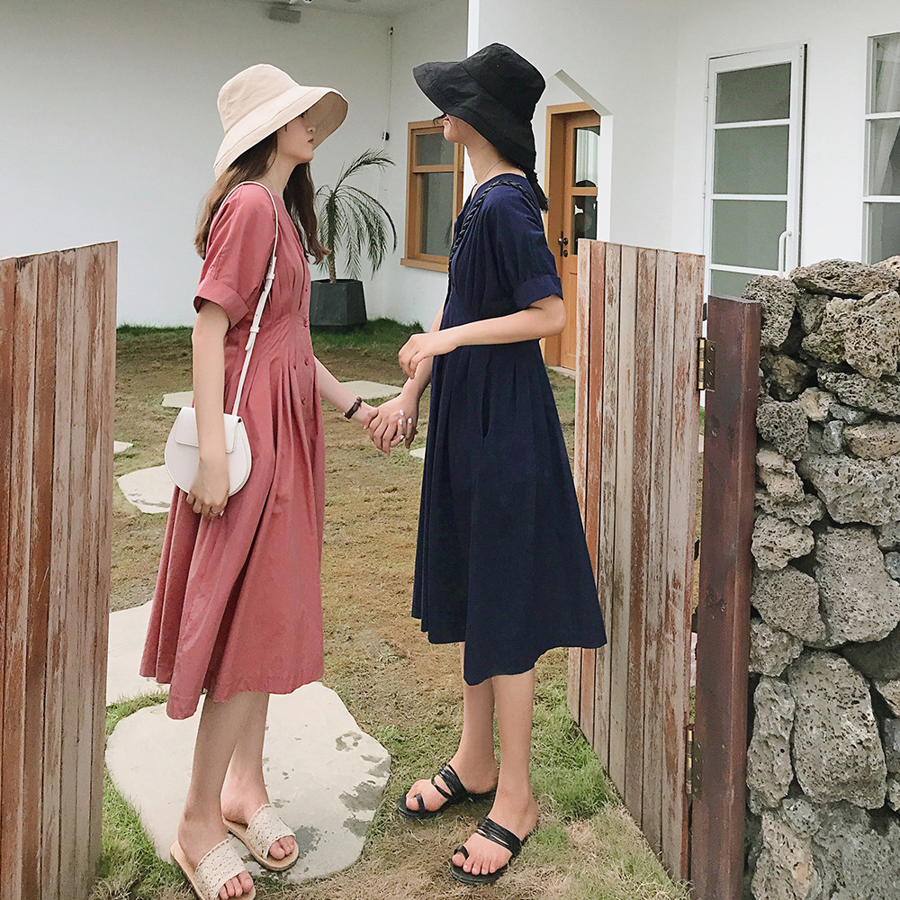 爱蔷薇法国小众桔梗裙女夏大码闺蜜装智熏法式气质V领高腰连衣裙