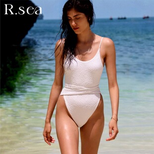 Rsea白色一片式 高叉露背连体泳衣可调节绑带沙滩海边度假性感泳装