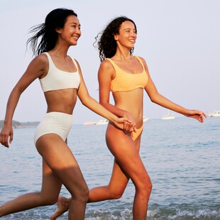 R.sea多种穿法纯色高弹褶皱泡泡布高腰分体泳衣海边度假比基尼