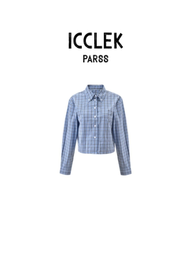 法式学院风格纹翻领长袖短款衬衫女修身百搭上衣-1034