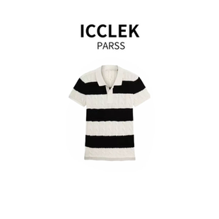 针织衫 ICCLEK 早秋夏宽松条纹翻领短袖 2025新款 6206 PARSS