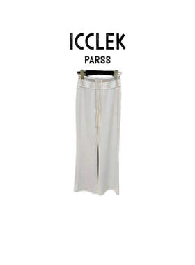 极简风高腰直筒针织长裤女抽绳百搭显瘦垂坠感白色休闲裤-9518