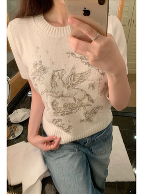 重工刺绣飞马图案针织短袖上衣女显瘦圆领毛衣重工-2200
