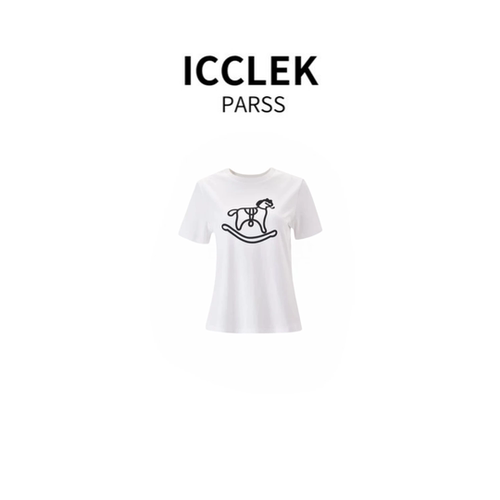 ICCLEK PARSS卡通风小马印花短袖T恤女白色圆领显瘦百搭上衣-9493