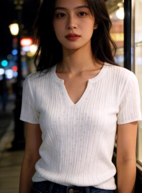 轻奢风白色V领短袖针织衫女镂空设计感百搭显瘦上衣-9573