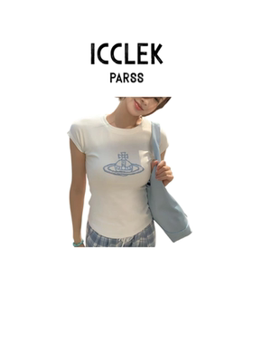 美式复古印花短袖T恤女圆领修身百搭针织衫上衣-1767