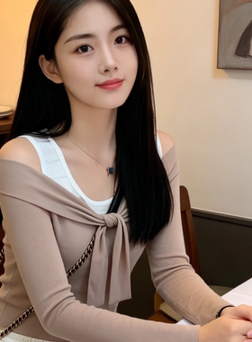 温柔一字肩绑带针织衫女初秋修身显瘦打底衫上衣-9763
