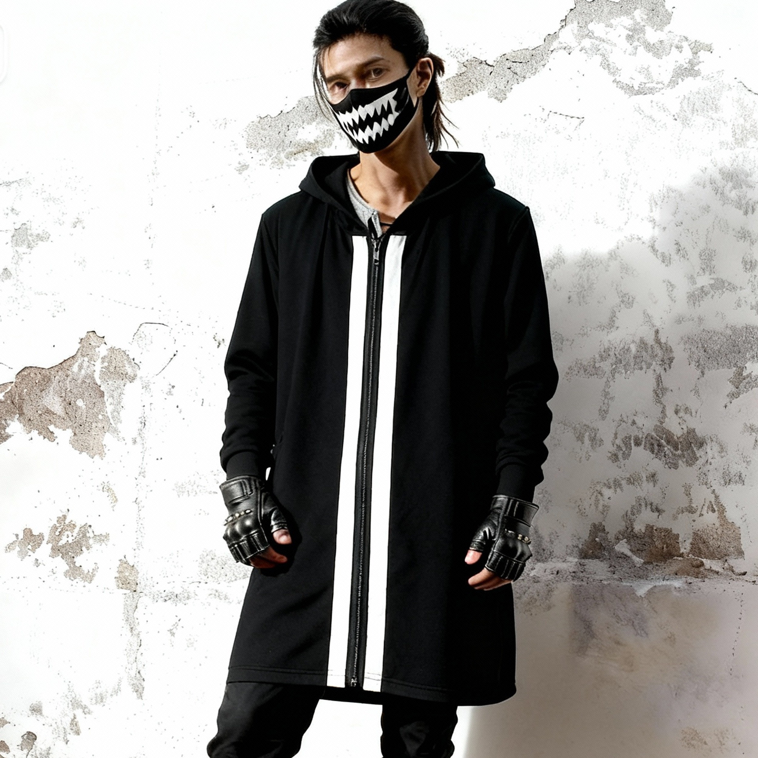 卫衣男连帽开衫外套中长款修身薄款拉链青少年休闲黑色带帽上衣潮