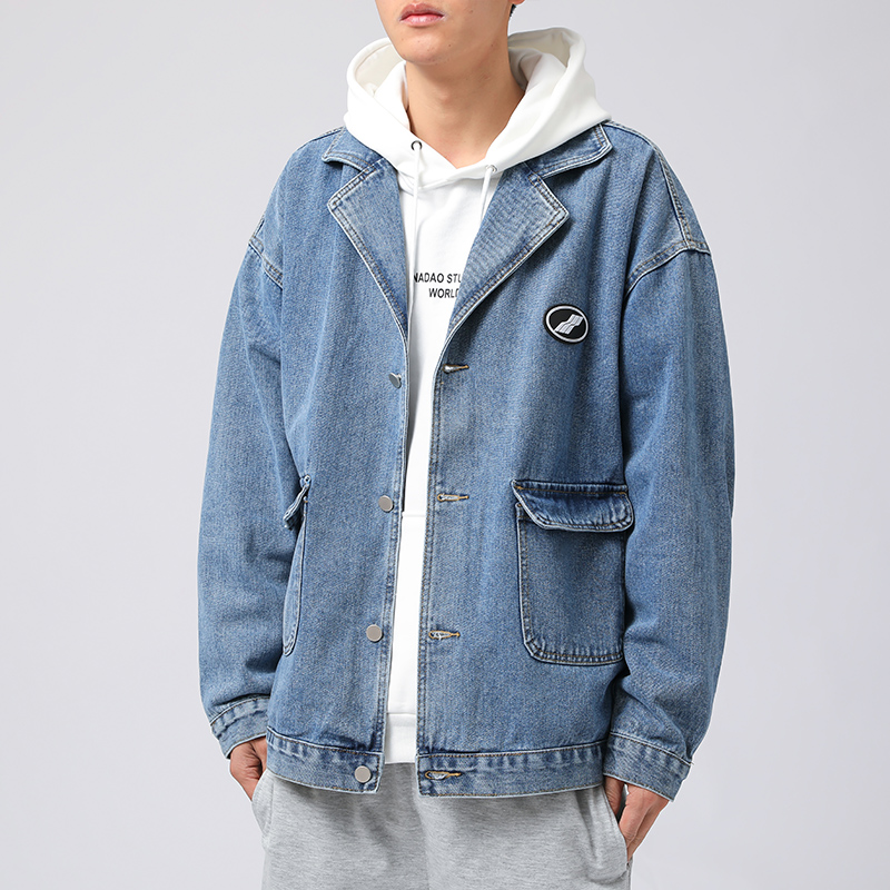 Hong Kong style suit collar men's denim jacket loose Japanese washed retro denim