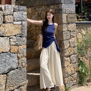 法式休闲套装夏季纯欲无袖不规则修身恤女+垂感高腰阔腿裤两件套