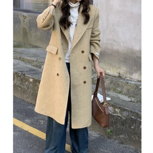 双面羊绒大衣女秋冬新款人字纹西装领双排扣过膝长款正肩羊毛