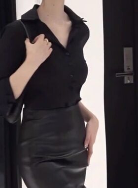 御姐风气质黑色V领长袖衬衫女秋季新款通勤OL高腰包臀半身裙套装