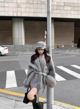 绑带毛毛袖薄款毛呢外套女2026年春秋季新款气质高级感显瘦大衣潮
