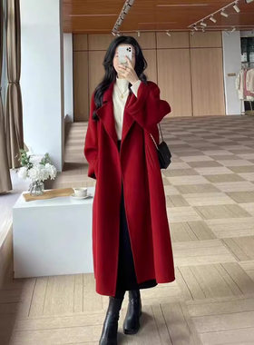 高级感红色双面羊毛呢子大衣女中长款结婚订婚2026年新款毛呢外套