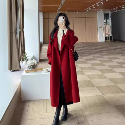 高级感红色双面羊毛呢子大衣女中长款结婚订婚2026年新款毛呢外套